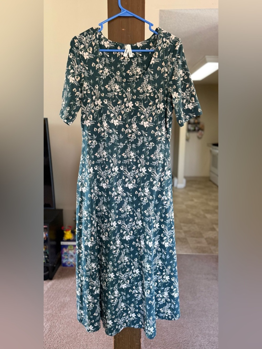 Pact Teal Green Floral Organic Cotton Scoop Neck Midi Dress
